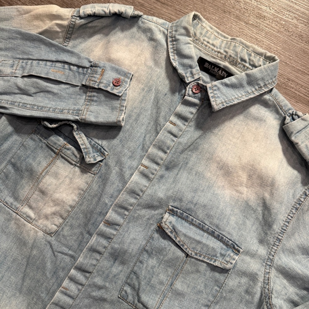 Balmain Paris Shirt Mens 50 Large Cotton Denim Chambray Military Pocket Designer